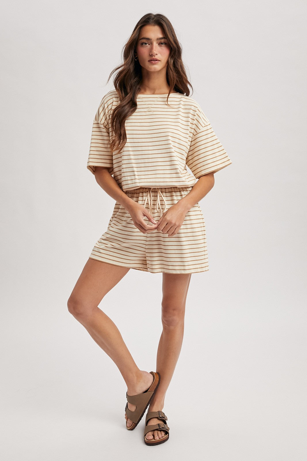 Striped Romper - Tan-shorts- Hometown Style HTS, women's in store and online boutique located in Ingersoll, Ontario