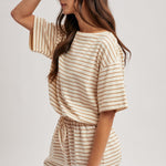 Striped Romper - Tan-shorts- Hometown Style HTS, women's in store and online boutique located in Ingersoll, Ontario