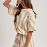 Striped Romper - Tan-shorts- Hometown Style HTS, women's in store and online boutique located in Ingersoll, Ontario