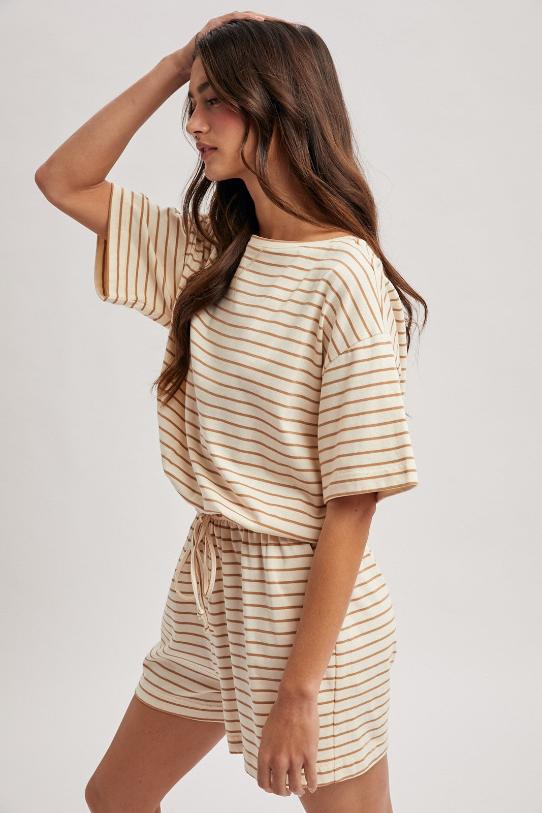 Striped Romper - Tan-shorts- Hometown Style HTS, women's in store and online boutique located in Ingersoll, Ontario