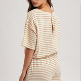 Striped Romper - Tan-shorts- Hometown Style HTS, women's in store and online boutique located in Ingersoll, Ontario