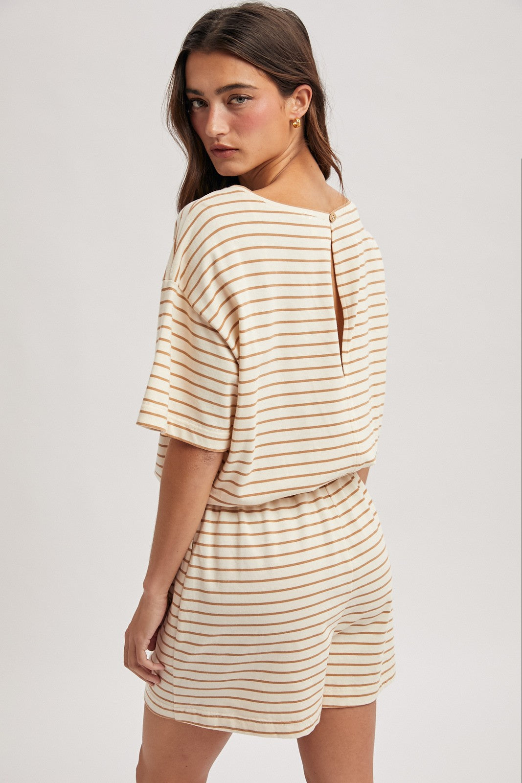 Striped Romper - Tan-shorts- Hometown Style HTS, women's in store and online boutique located in Ingersoll, Ontario