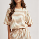 Striped Romper - Tan-shorts- Hometown Style HTS, women's in store and online boutique located in Ingersoll, Ontario