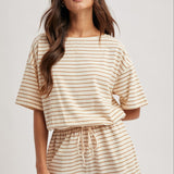 Striped Romper - Tan-shorts- Hometown Style HTS, women's in store and online boutique located in Ingersoll, Ontario