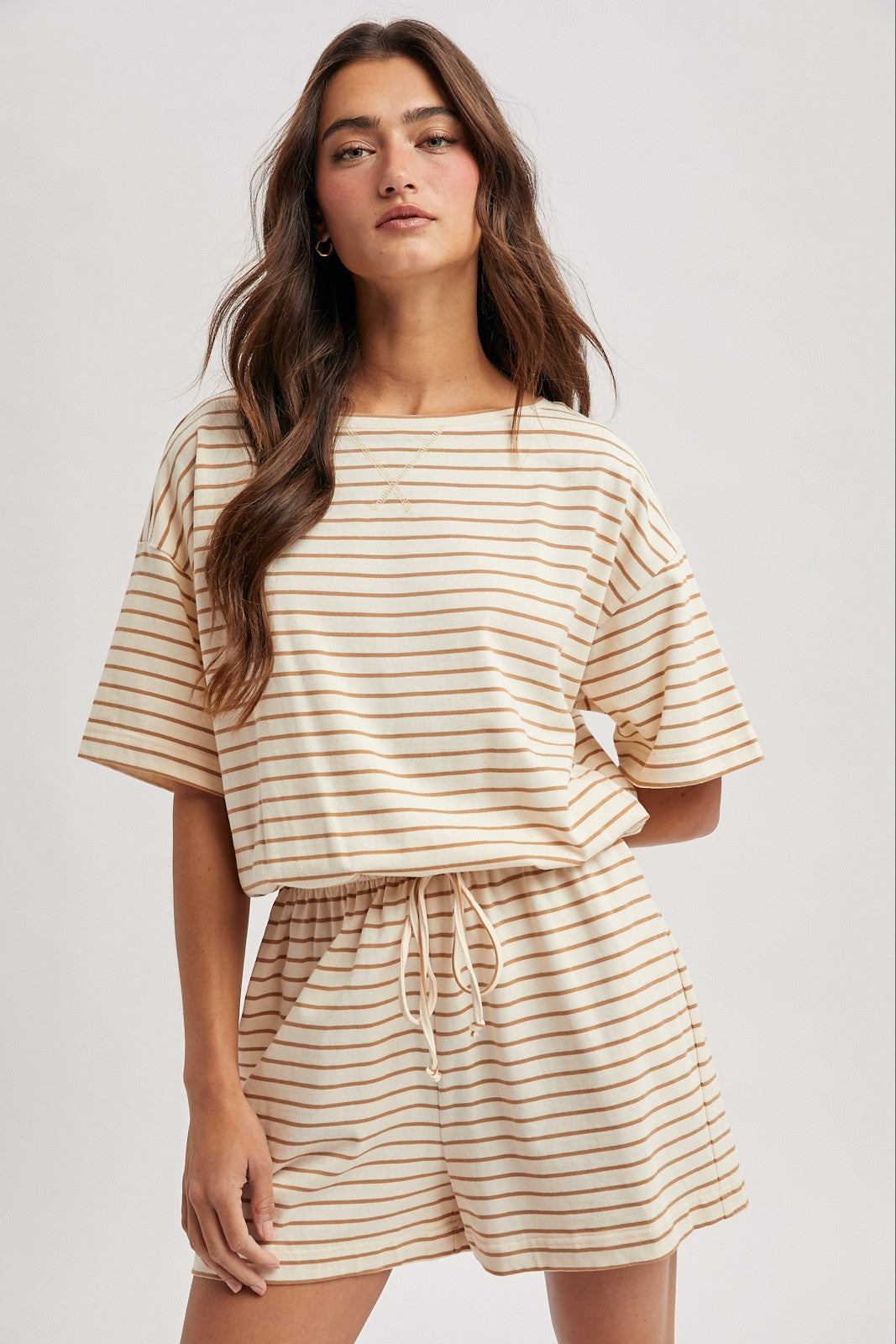 Striped Romper - Tan-shorts- Hometown Style HTS, women's in store and online boutique located in Ingersoll, Ontario