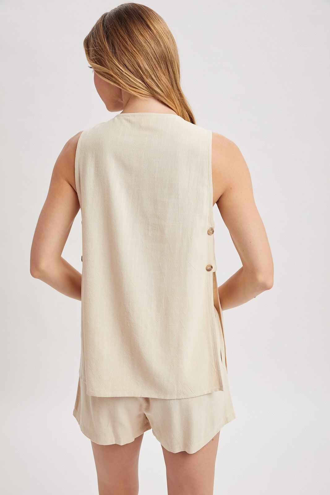 Button Up Tank Top and Shorts Set - Natural-Shorts- Hometown Style HTS, women's in store and online boutique located in Ingersoll, Ontario