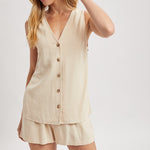 Button Up Tank Top and Shorts Set - Natural-Shorts- Hometown Style HTS, women's in store and online boutique located in Ingersoll, Ontario