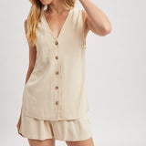 Button Up Tank Top and Shorts Set - Natural-Shorts- Hometown Style HTS, women's in store and online boutique located in Ingersoll, Ontario