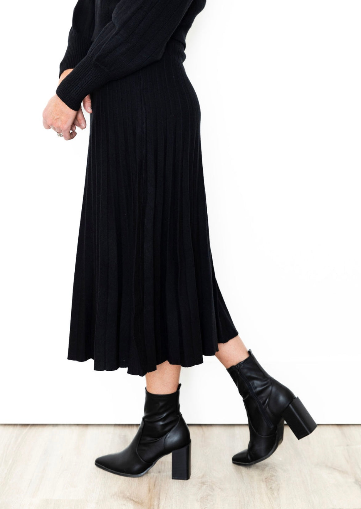 A Line Pleated Sweater Midi Skirt - Black-Skirt- Hometown Style HTS, women's in store and online boutique located in Ingersoll, Ontario