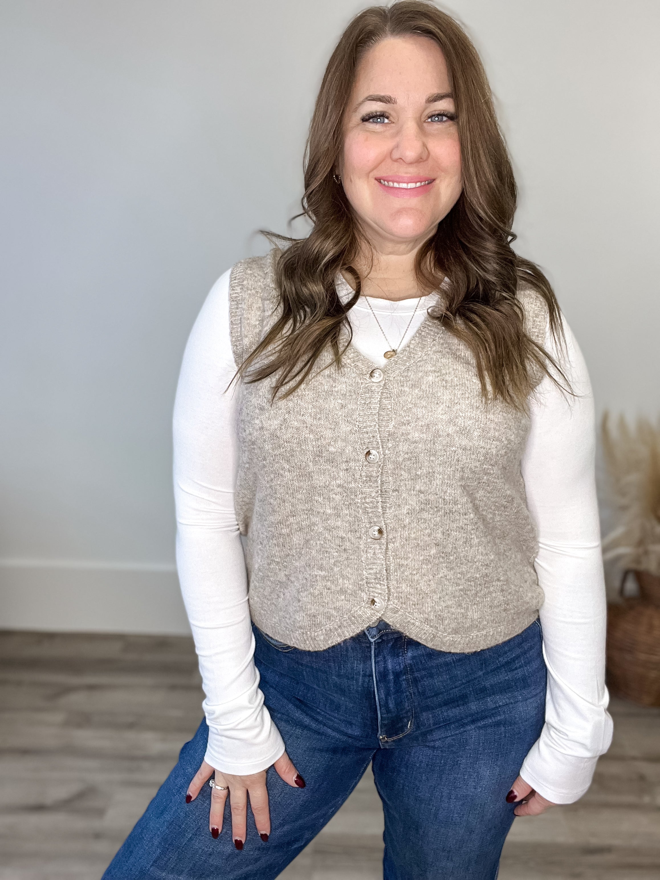 Brushed Button Up Sweater Vest - Taupe-vest- Hometown Style HTS, women's in store and online boutique located in Ingersoll, Ontario