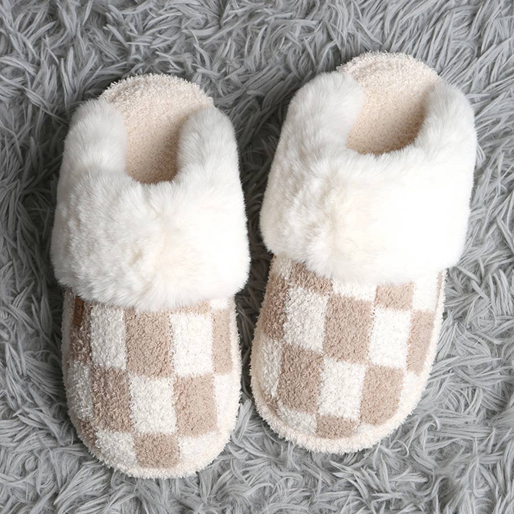 Checkered Faux Fur Cuff Mule Luxury Slipper-slipper- Hometown Style HTS, women's in store and online boutique located in Ingersoll, Ontario
