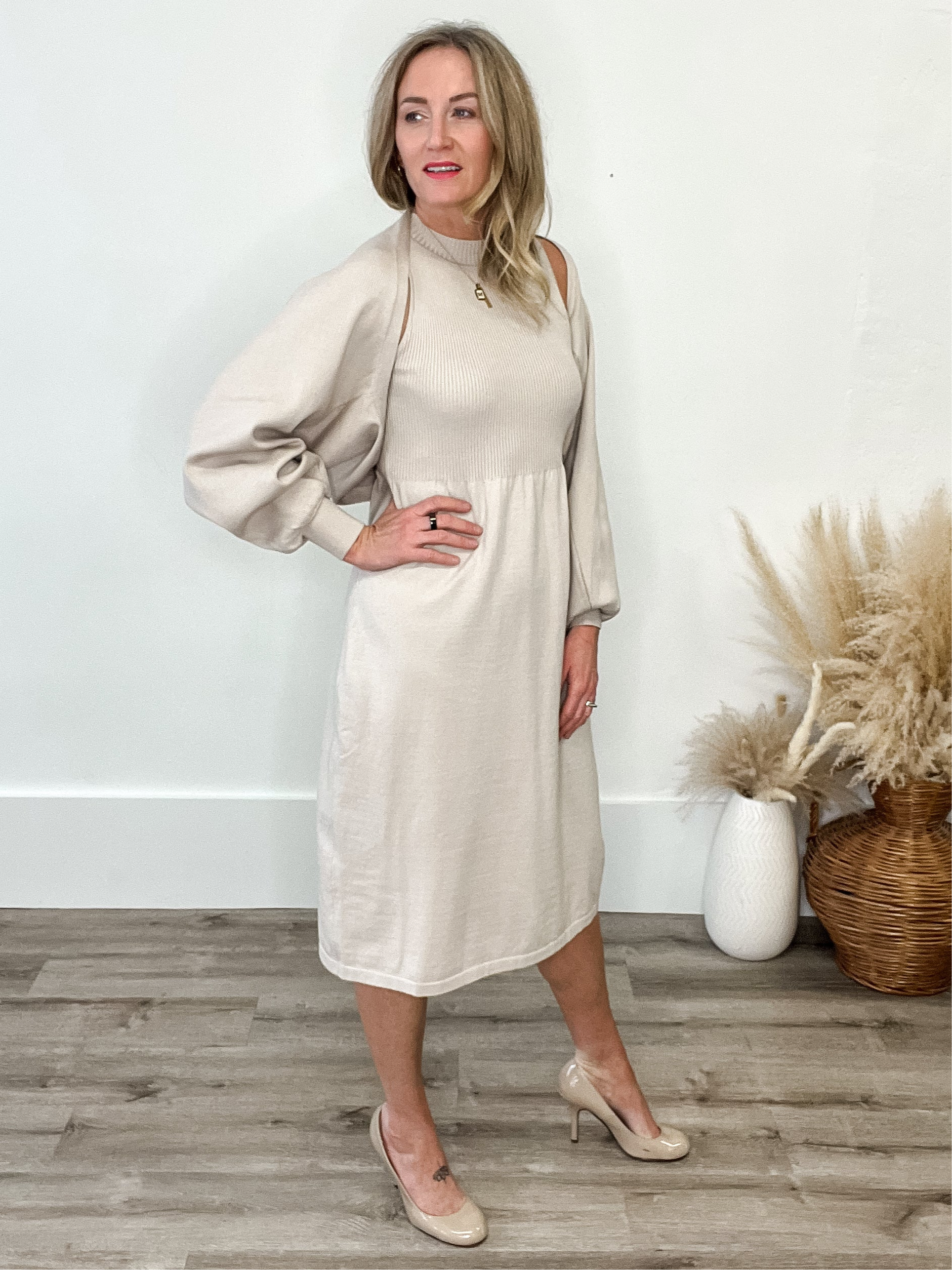 Cardigan and Sweater Dress Set - Champagne-Dresses- Hometown Style HTS, women's in store and online boutique located in Ingersoll, Ontario