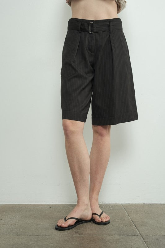 Pinstripe Pleated Shorts-Shorts- Hometown Style HTS, women's in store and online boutique located in Ingersoll, Ontario
