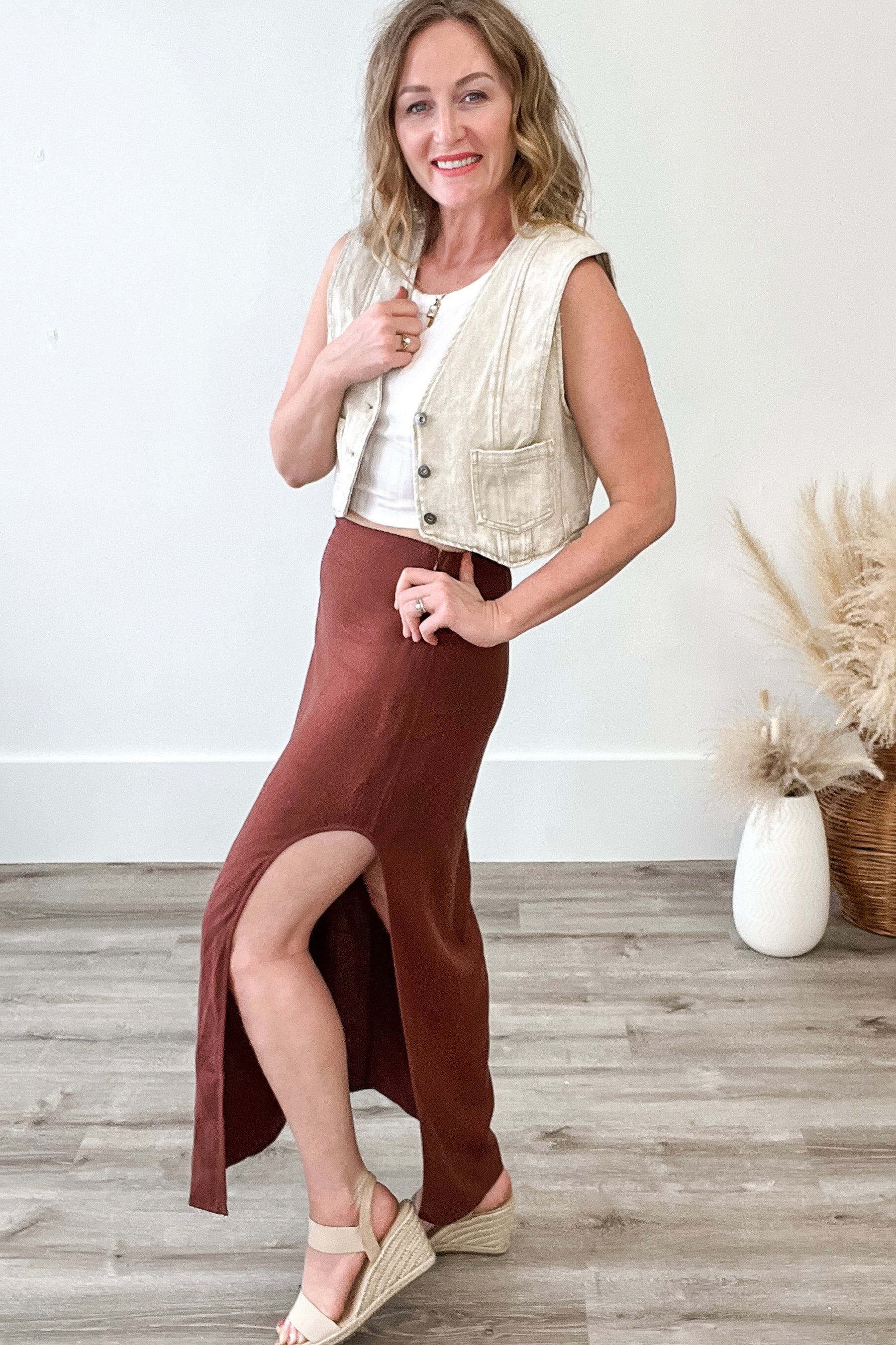 Side Slit Maxi Skirt - Chocolate-Skirts- Hometown Style HTS, women's in store and online boutique located in Ingersoll, Ontario