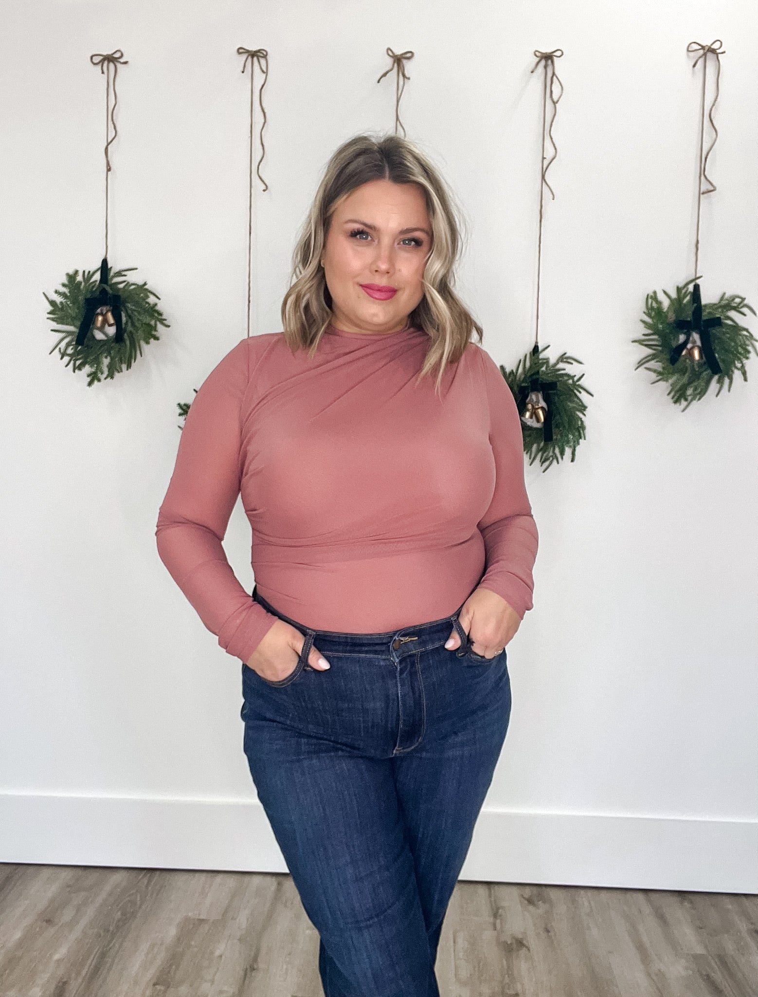 Ruched Mesh Bodysuit - Red Bean-blouse- Hometown Style HTS, women's in store and online boutique located in Ingersoll, Ontario