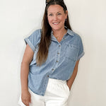 Cuff Sleeve Button Up - Denim-casual shirt- Hometown Style HTS, women's in store and online boutique located in Ingersoll, Ontario