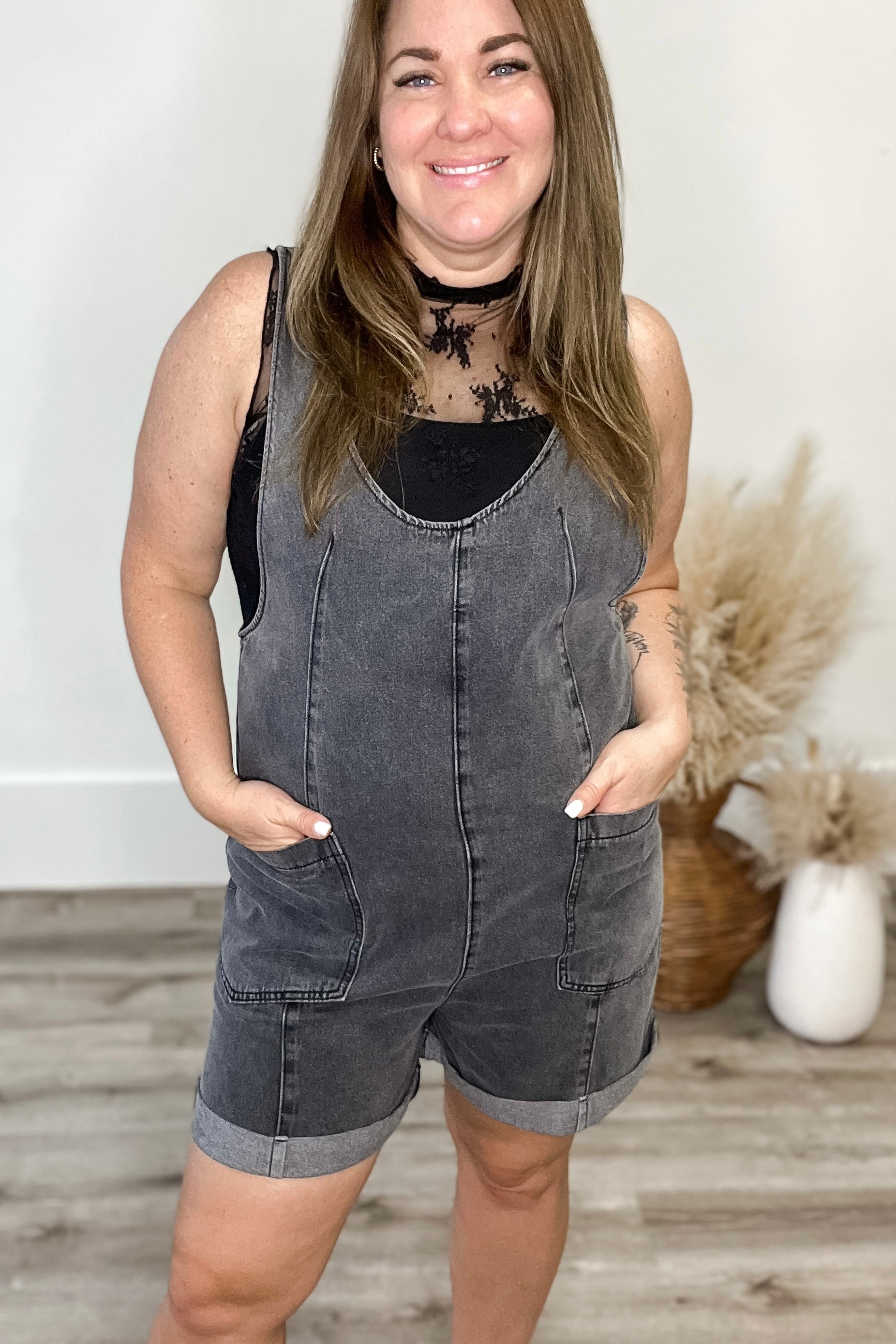 Denim Romper - Charcoal-Jumpsuits & Rompers- Hometown Style HTS, women's in store and online boutique located in Ingersoll, Ontario