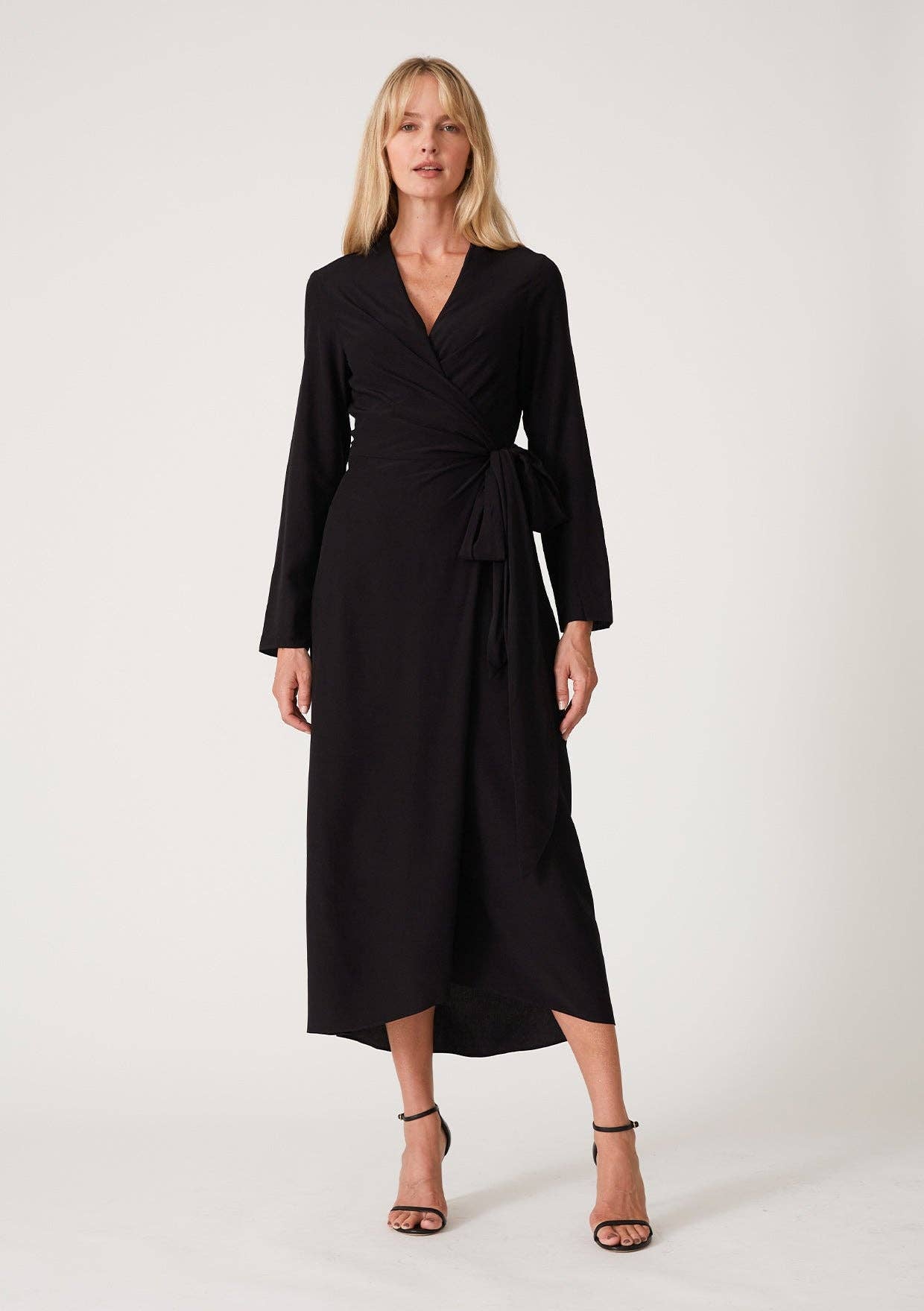 Long Sleeve Midi Wrap Dress - Black-dress- Hometown Style HTS, women's in store and online boutique located in Ingersoll, Ontario