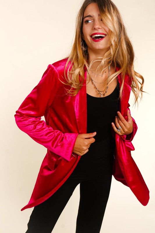 Velvet Blazer with Pockets - Magenta-blazer- Hometown Style HTS, women's in store and online boutique located in Ingersoll, Ontario