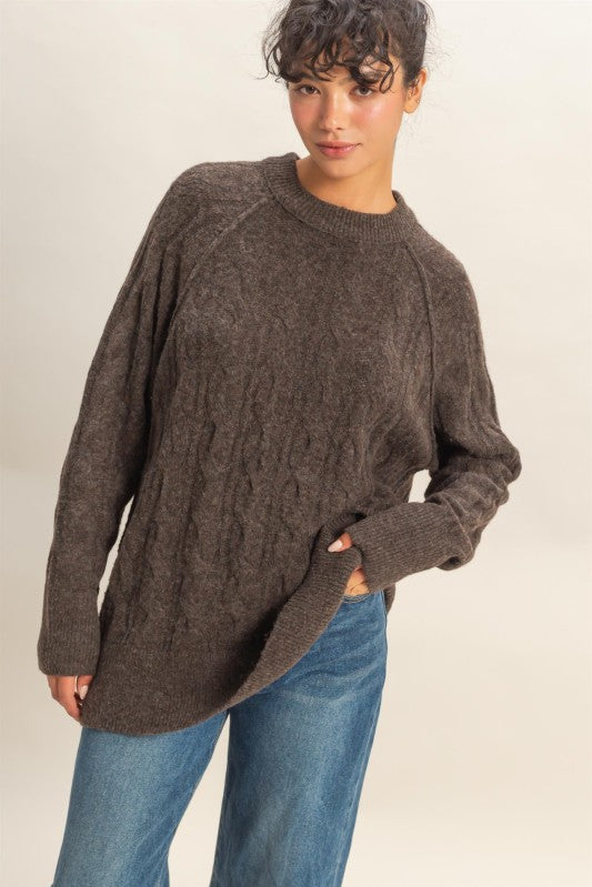 Cable Knit Sweater - Chestnut-Sweaters and Cardigans- Hometown Style HTS, women's in store and online boutique located in Ingersoll, Ontario