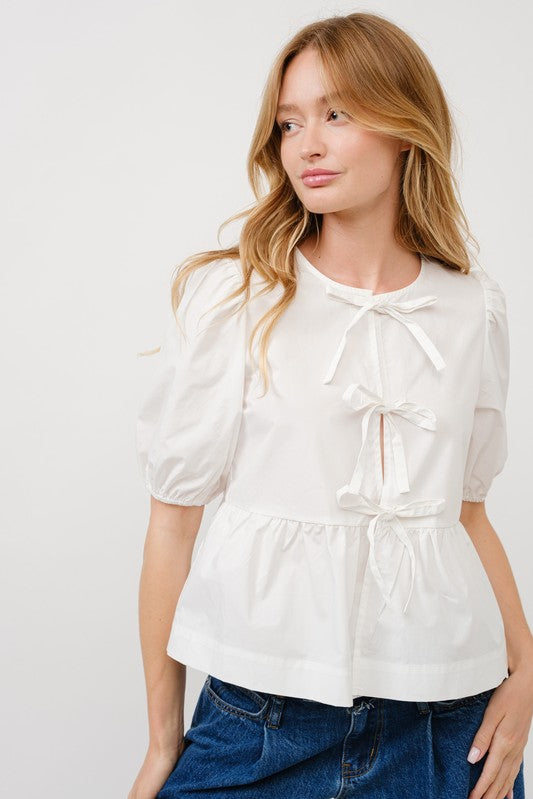 Bow Tie Up Blouse - White-blouse- Hometown Style HTS, women's in store and online boutique located in Ingersoll, Ontario