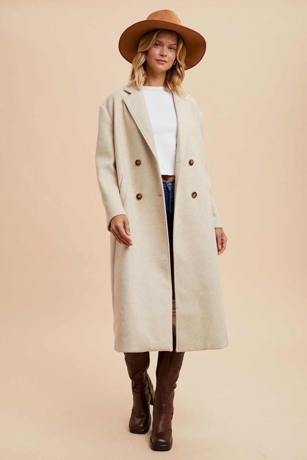 Double Breasted Lapel Duster Coat - Almond-Coats & Jackets- Hometown Style HTS, women's in store and online boutique located in Ingersoll, Ontario