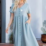 Cotton Button Down Midi Dress - Misty Blue-dress- Hometown Style HTS, women's in store and online boutique located in Ingersoll, Ontario