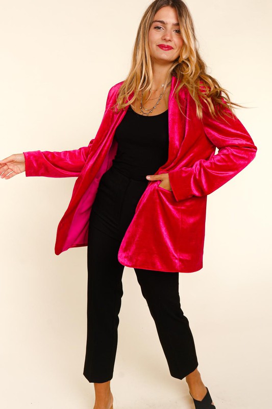 Velvet Blazer with Pockets - Magenta-blazer- Hometown Style HTS, women's in store and online boutique located in Ingersoll, Ontario