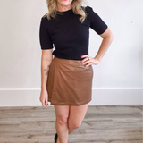 Faux Leather Skort - Brown-Bottoms- Hometown Style HTS, women's in store and online boutique located in Ingersoll, Ontario