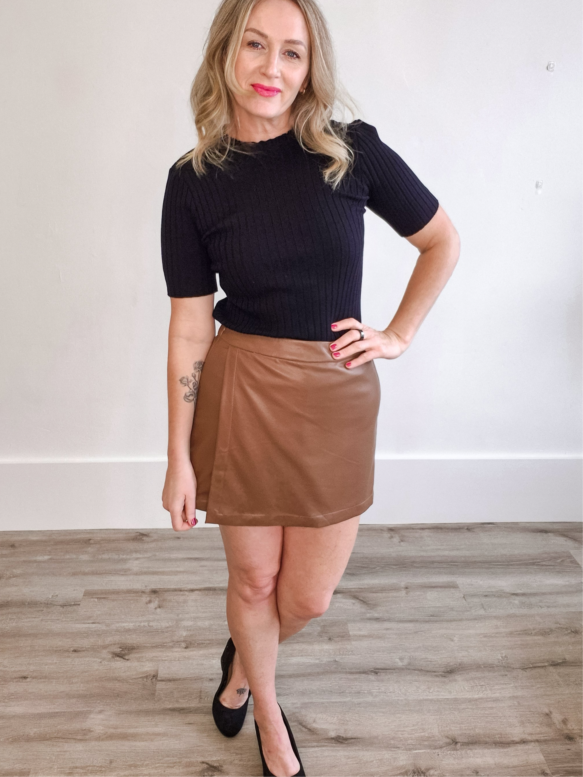Faux Leather Skort - Brown-Bottoms- Hometown Style HTS, women's in store and online boutique located in Ingersoll, Ontario