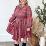 Long Sleeve Woven Plaid Dress - Red-Dress- Hometown Style HTS, women's in store and online boutique located in Ingersoll, Ontario