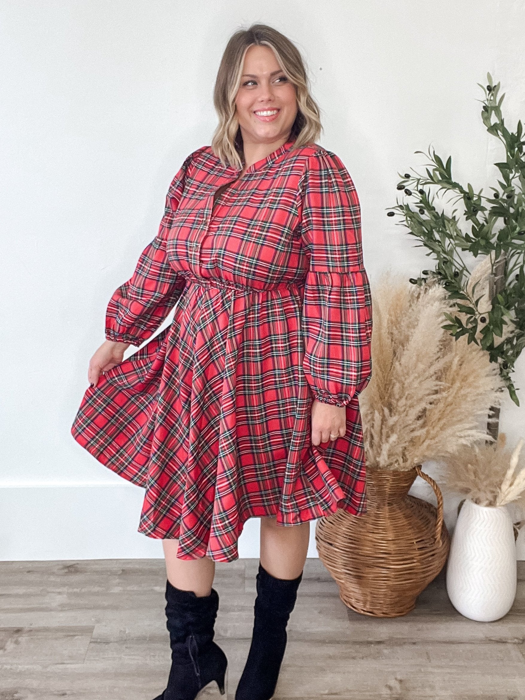 Long Sleeve Woven Plaid Dress - Red-Dress- Hometown Style HTS, women's in store and online boutique located in Ingersoll, Ontario