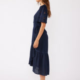 Embroidered Wrap Midi Dress - Navy-dress- Hometown Style HTS, women's in store and online boutique located in Ingersoll, Ontario