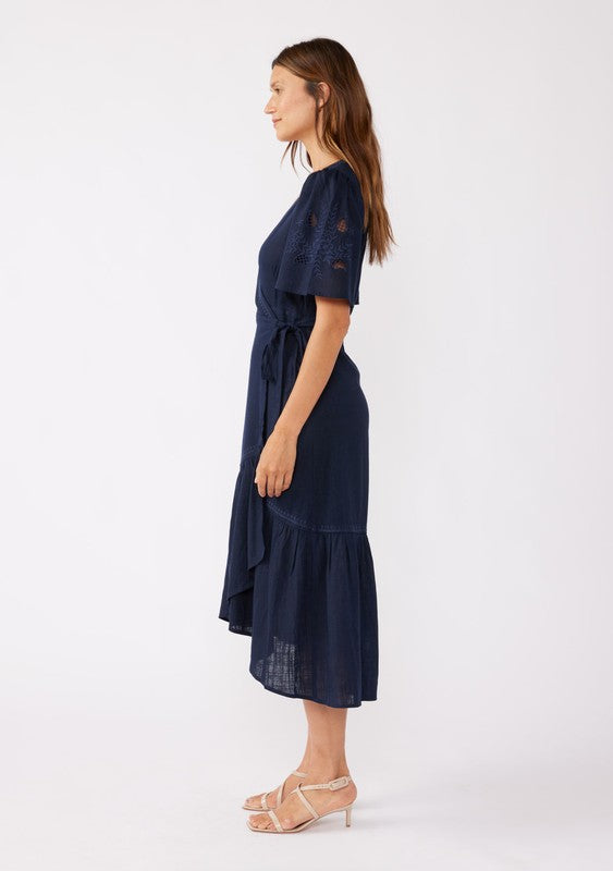 Embroidered Wrap Midi Dress - Navy-dress- Hometown Style HTS, women's in store and online boutique located in Ingersoll, Ontario