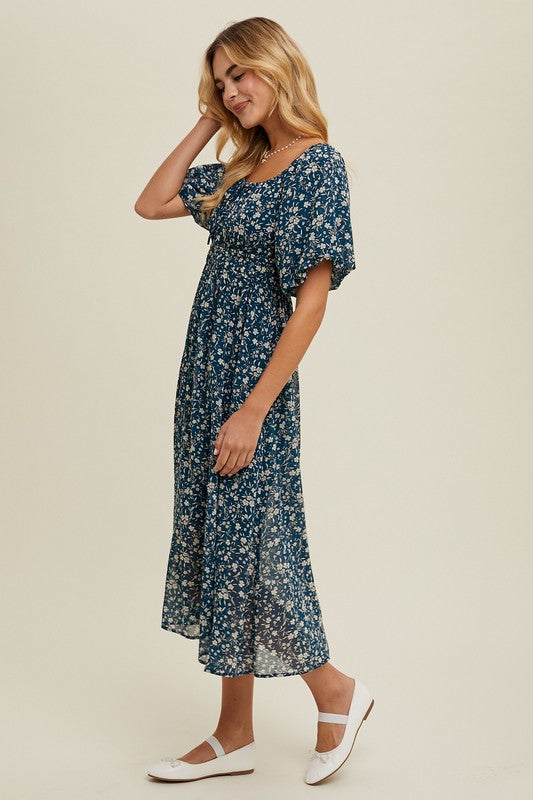 Floral Front Tie Midi Dress - Teal-dress- Hometown Style HTS, women's in store and online boutique located in Ingersoll, Ontario