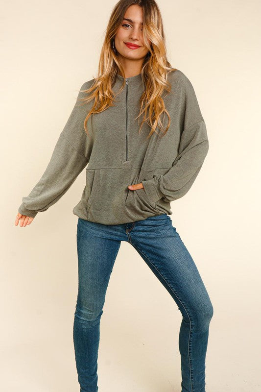 Half Zip Hoodie Pullover - Olive-Sweater- Hometown Style HTS, women's in store and online boutique located in Ingersoll, Ontario
