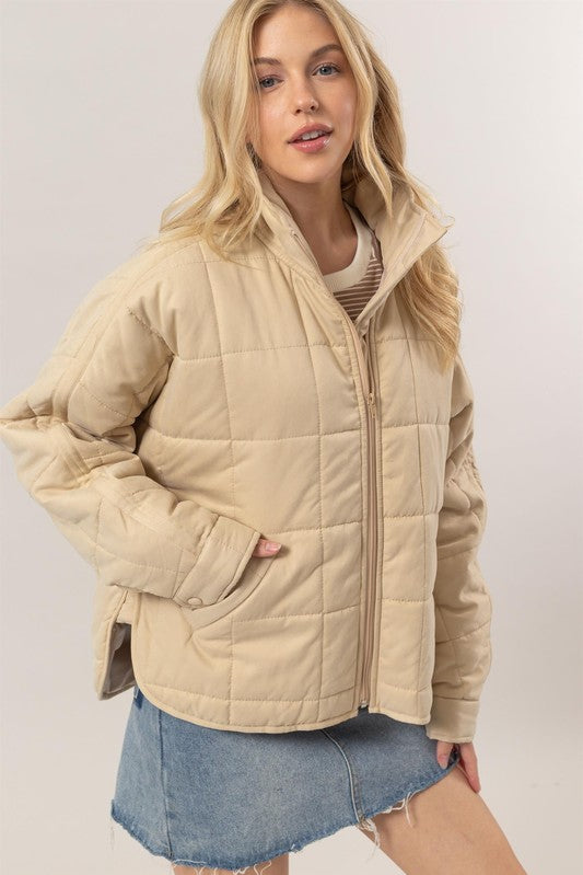 Quilted Puffer Jacket - Beige-Coats & Jackets- Hometown Style HTS, women's in store and online boutique located in Ingersoll, Ontario