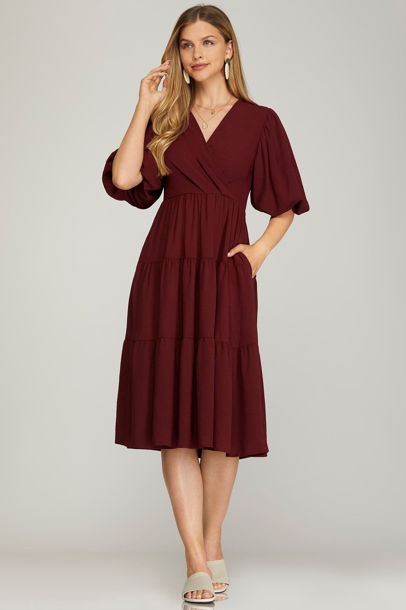 Balloon Sleeve Dress - Wine-Special Occasion Dress- Hometown Style HTS, women's in store and online boutique located in Ingersoll, Ontario