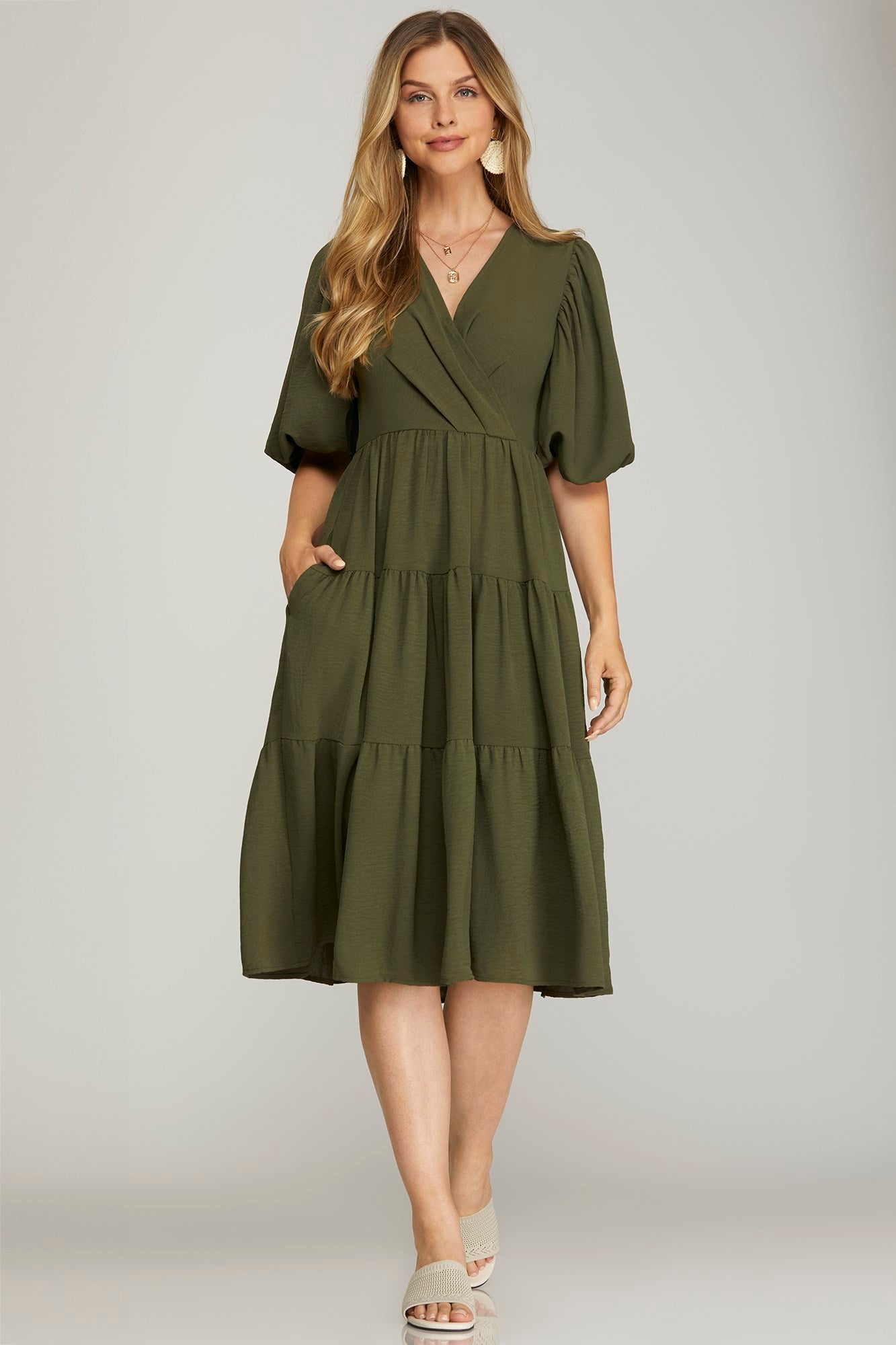 Balloon Sleeve Dress - Olive-Special Occasion Dress- Hometown Style HTS, women's in store and online boutique located in Ingersoll, Ontario