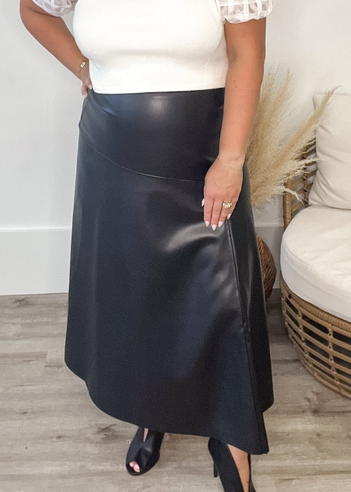 Faux Leather Midi Skirt - Black-skirt- Hometown Style HTS, women's in store and online boutique located in Ingersoll, Ontario