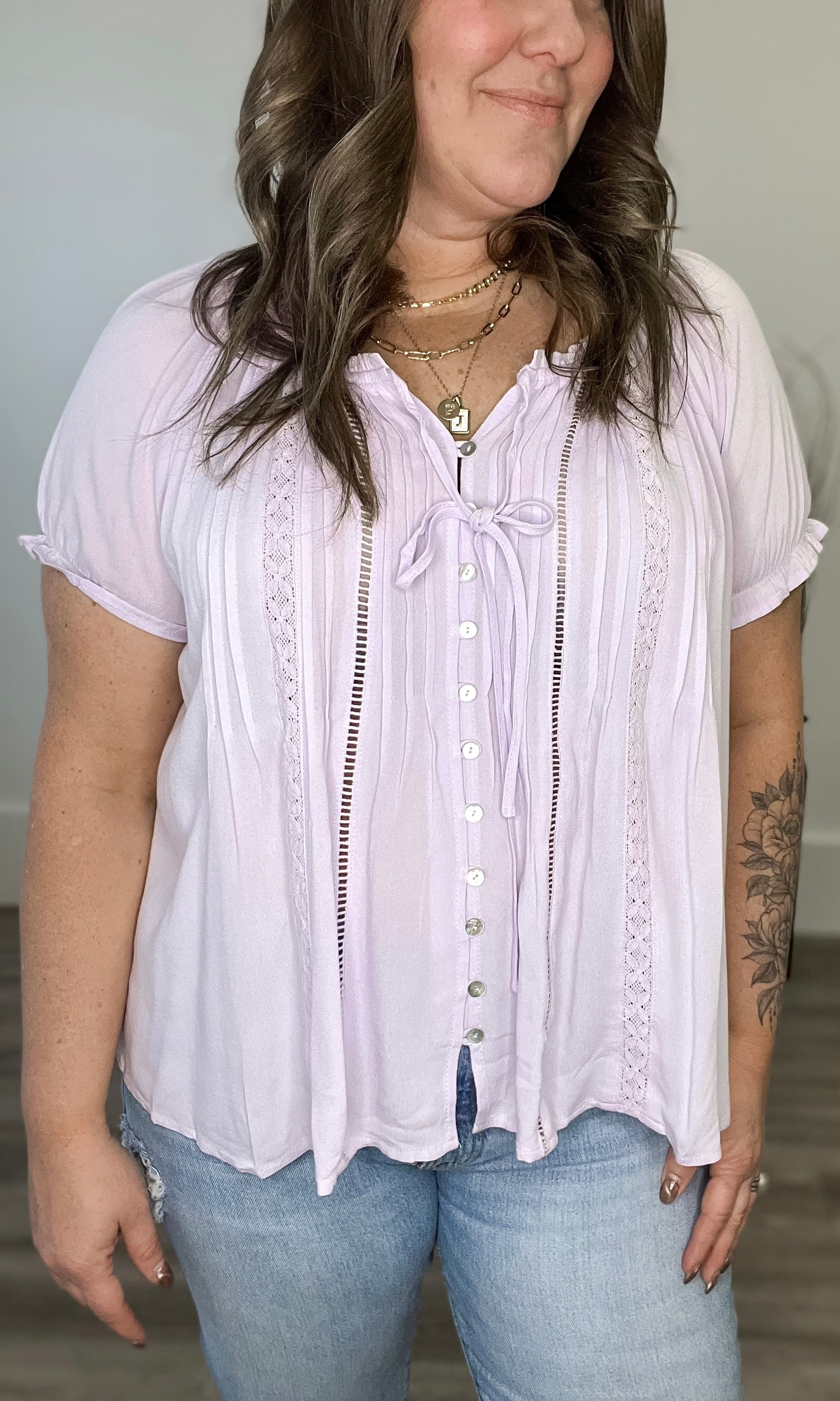 Ruffled Short Sleeve Button Up - Lilac-Shirts & Tops- Hometown Style HTS, women's in store and online boutique located in Ingersoll, Ontario