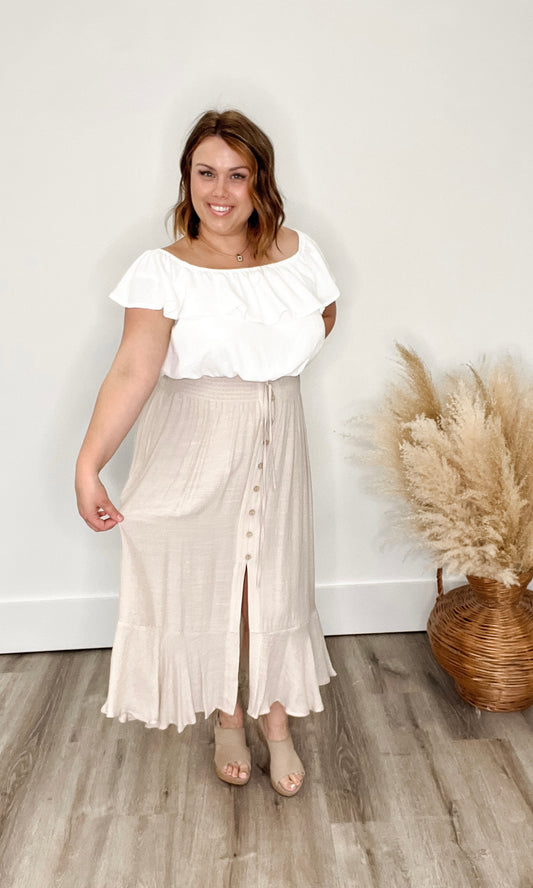 Button Up Midi Skirt - Champagne-Skirt- Hometown Style HTS, women's in store and online boutique located in Ingersoll, Ontario