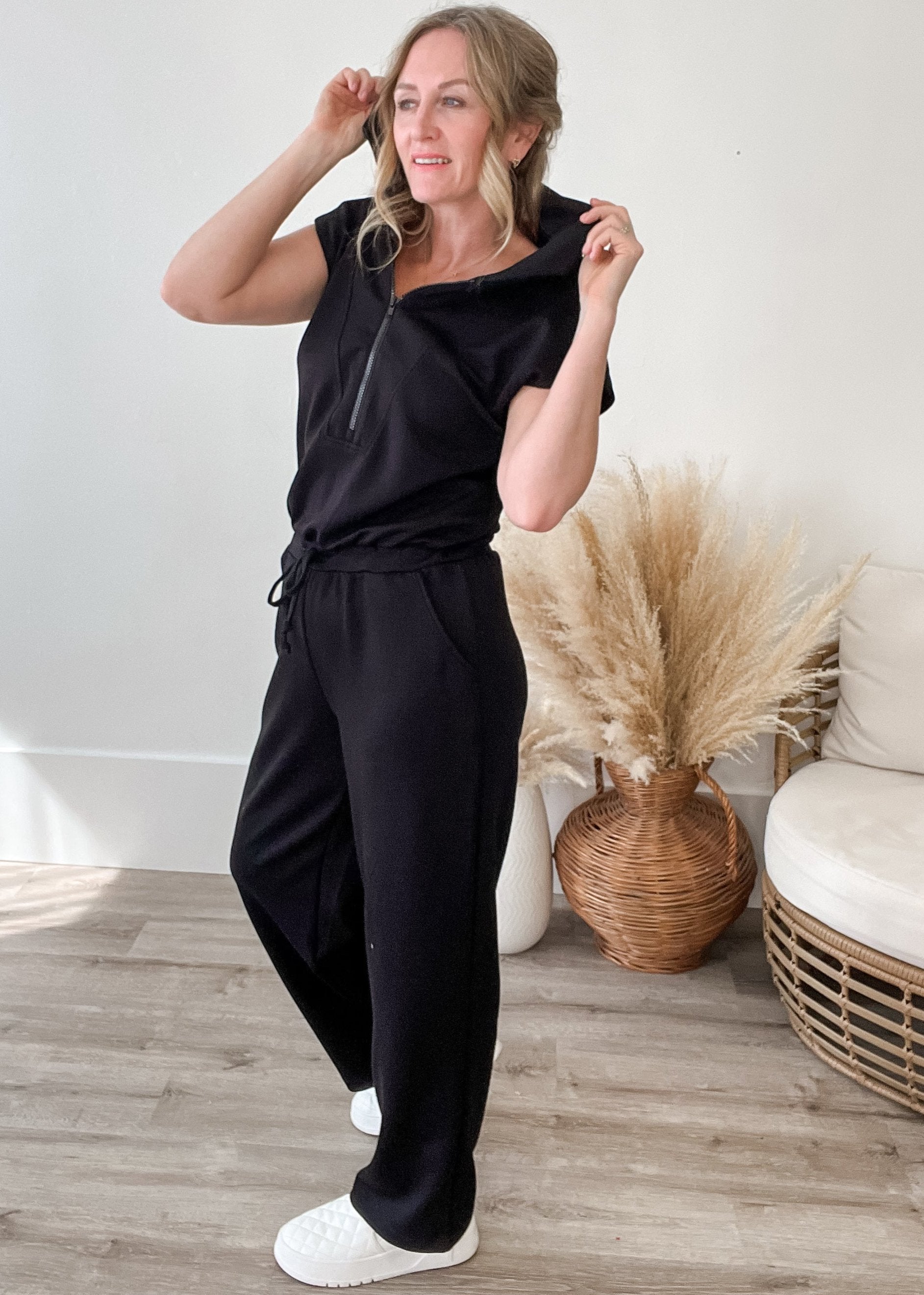 Scuba Half Zip Jumpsuit - Black-Jumpsuits & Rompers- Hometown Style HTS, women's in store and online boutique located in Ingersoll, Ontario