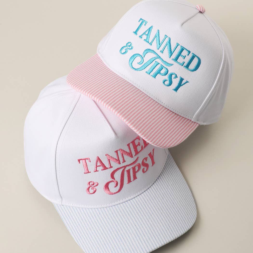 TANNED & TIPSY Embroidered Seersucker Brim Trucker Hat-Accessories- Hometown Style HTS, women's in store and online boutique located in Ingersoll, Ontario