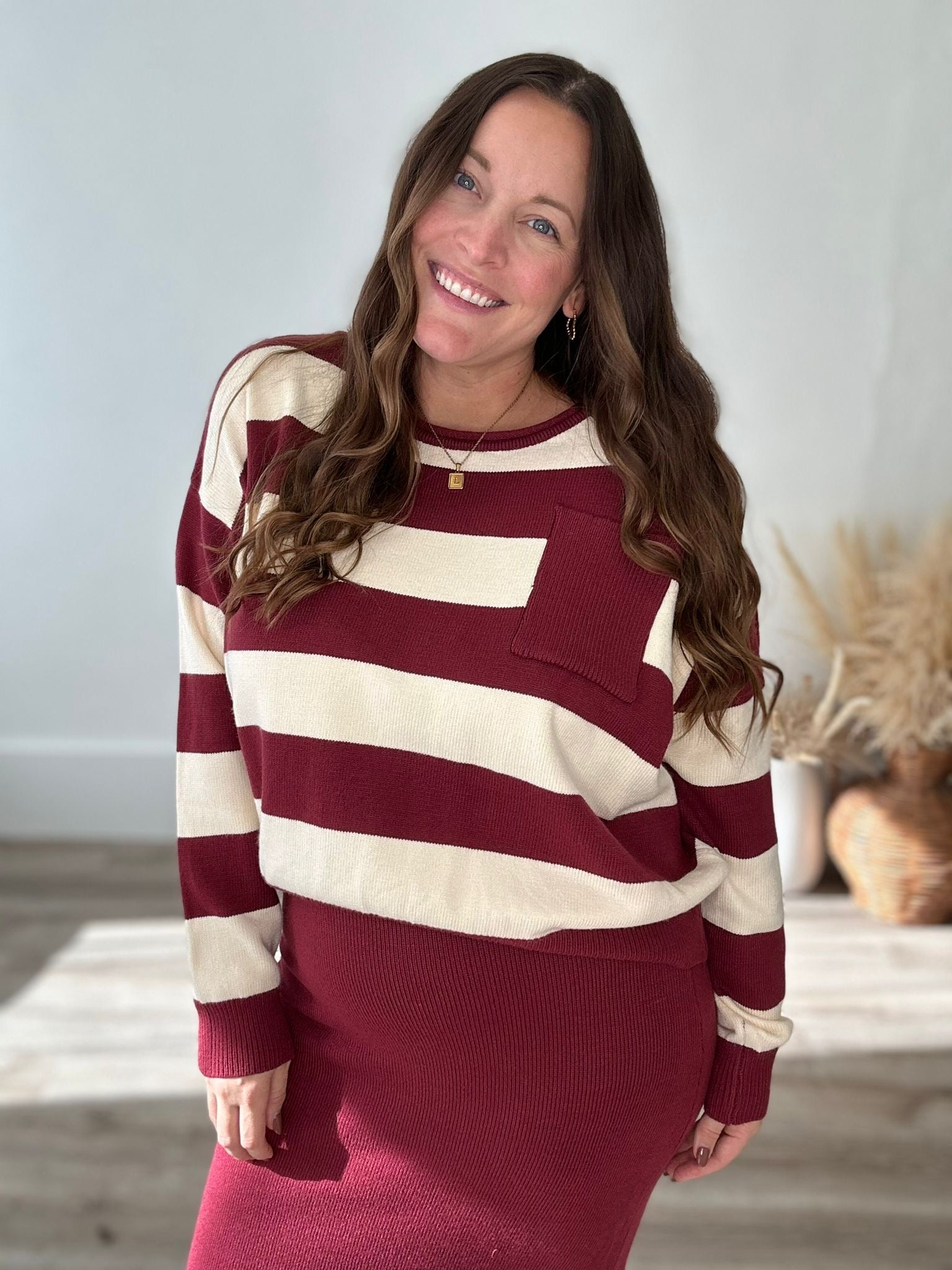 Striped Sweater & Knit Pencil Skirt - Burgundy-set- Hometown Style HTS, women's in store and online boutique located in Ingersoll, Ontario