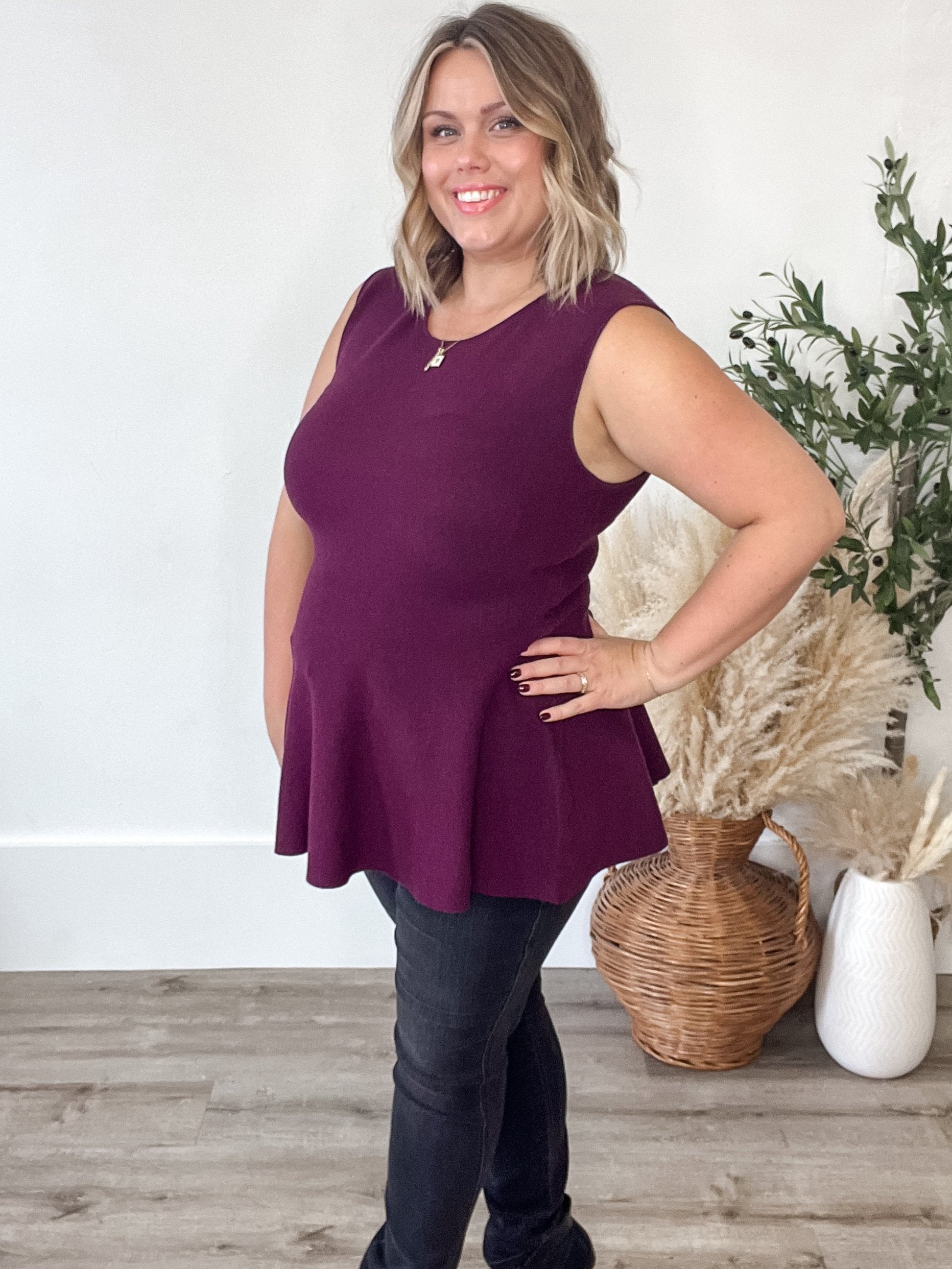 Sleeveless Peplum Sweater Top - Purple-tops- Hometown Style HTS, women's in store and online boutique located in Ingersoll, Ontario