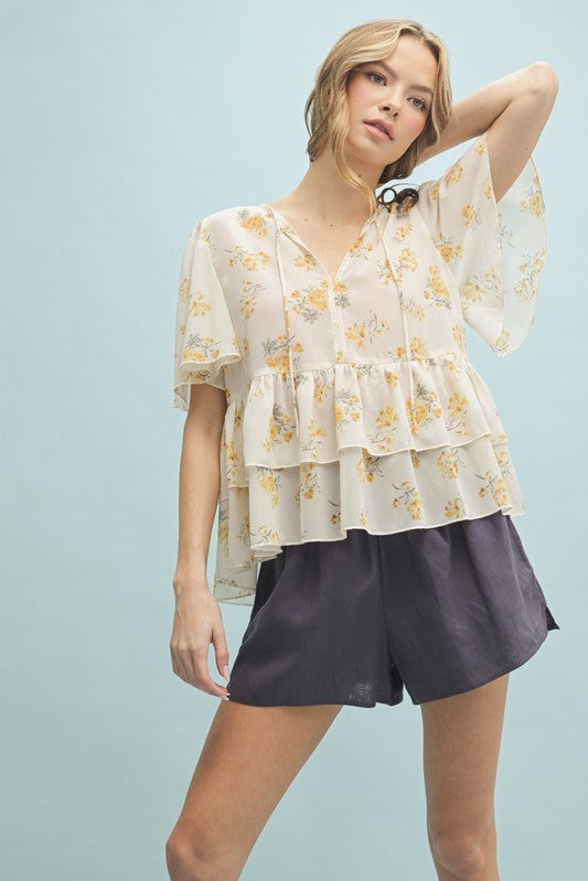 Floral Chiffon Tiered Blouse - Golden-blouse- Hometown Style HTS, women's in store and online boutique located in Ingersoll, Ontario