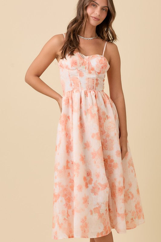 Corset Midi Floral Dress - Tangerine-dress- Hometown Style HTS, women's in store and online boutique located in Ingersoll, Ontario