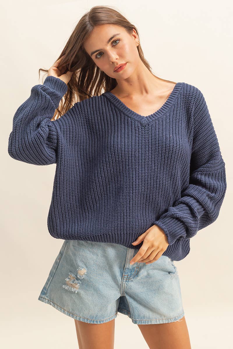 Oversized V Neck Knit Sweater - Midnight Blue-sweater- Hometown Style HTS, women's in store and online boutique located in Ingersoll, Ontario