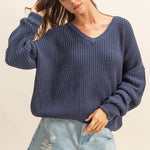 Oversized V Neck Knit Sweater - Midnight Blue-sweater- Hometown Style HTS, women's in store and online boutique located in Ingersoll, Ontario